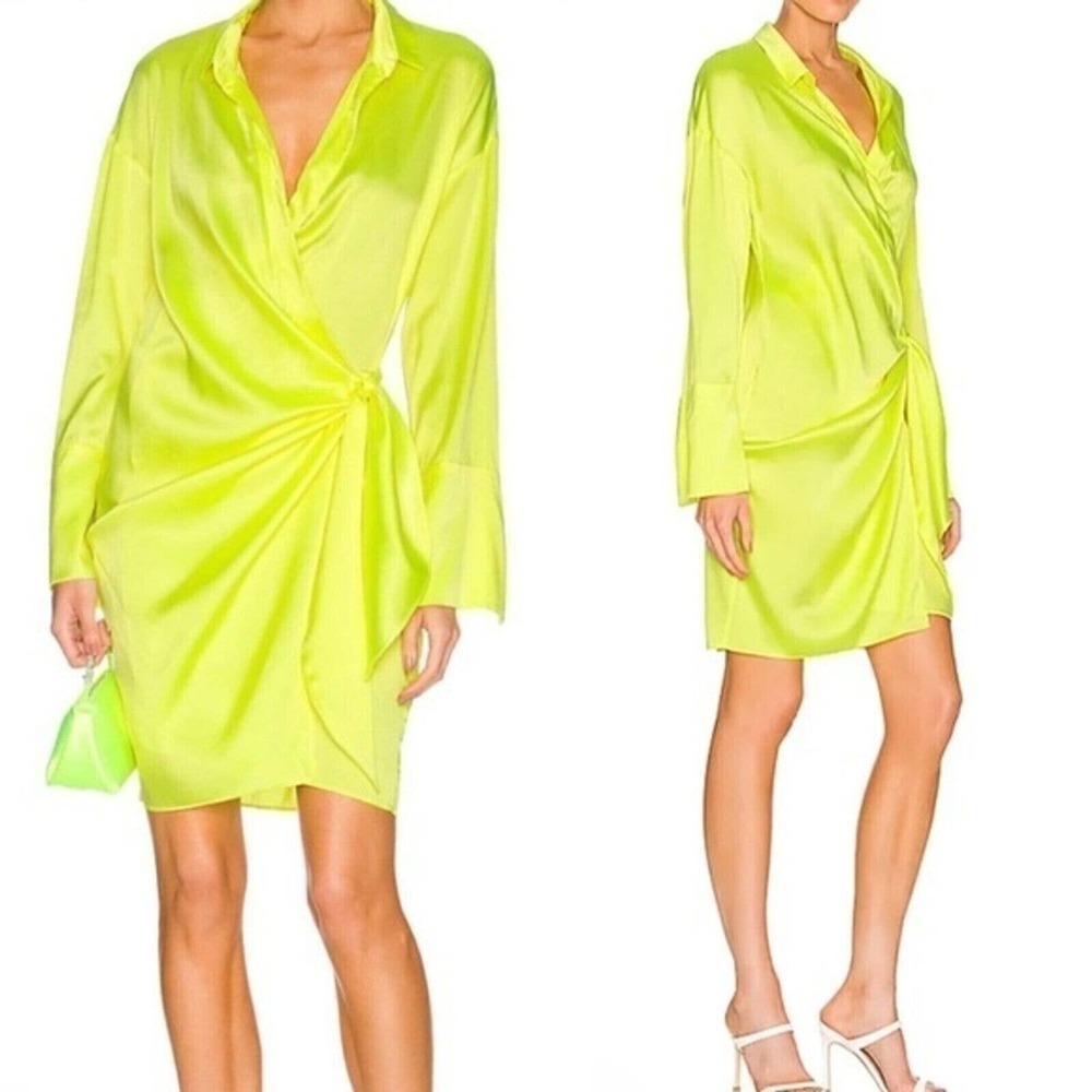 NWOT Revolve Mother of All Gisele Silk Wrap Dress Neon Yellow Women's Size Small